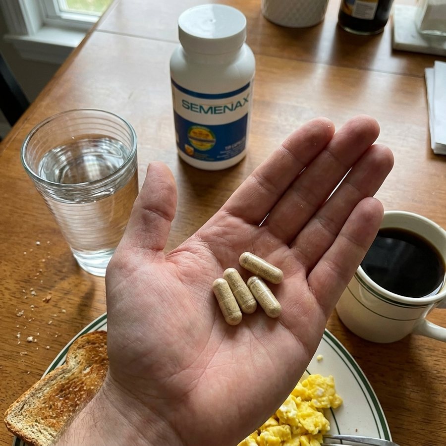 Four capsules in an open hand above a breakfast table