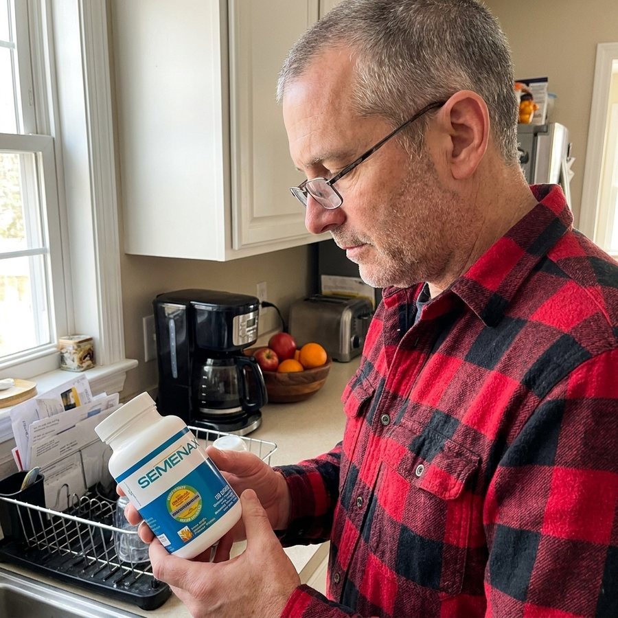 Man reading the back of a supplement bottle in his kitchen
