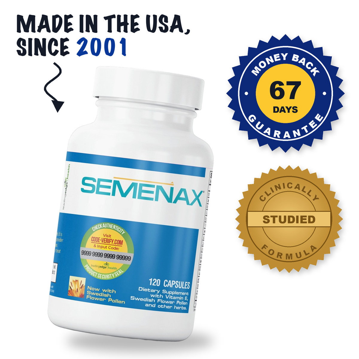Semenax bottle with 67-day money-back guarantee and clinically studied seals