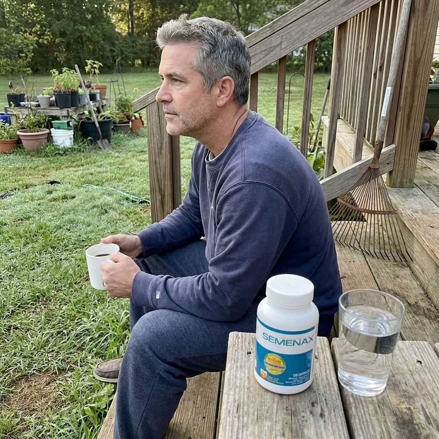Man with a coffee mug on his back porch steps in the morning