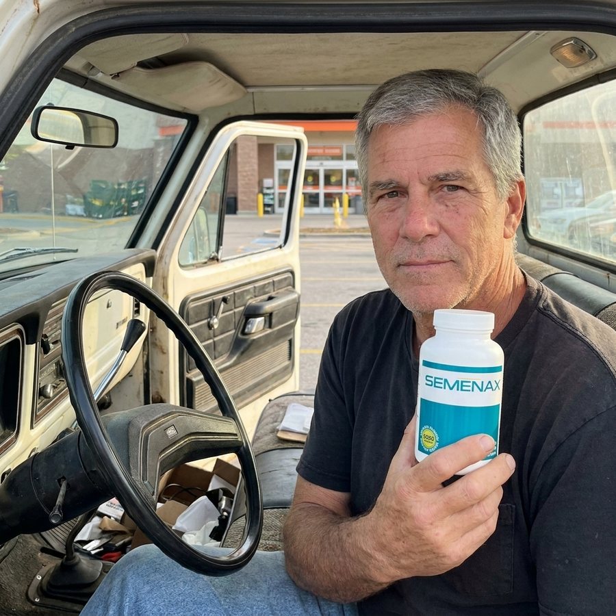 Man holding a supplement bottle in the cab of his pickup truck